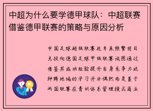 中超为什么要学德甲球队：中超联赛借鉴德甲联赛的策略与原因分析